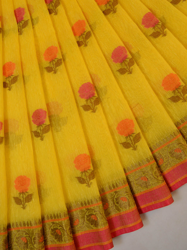 Banarasee Handloom Pure Linen Cotton Resham Buta Saree-Yellow