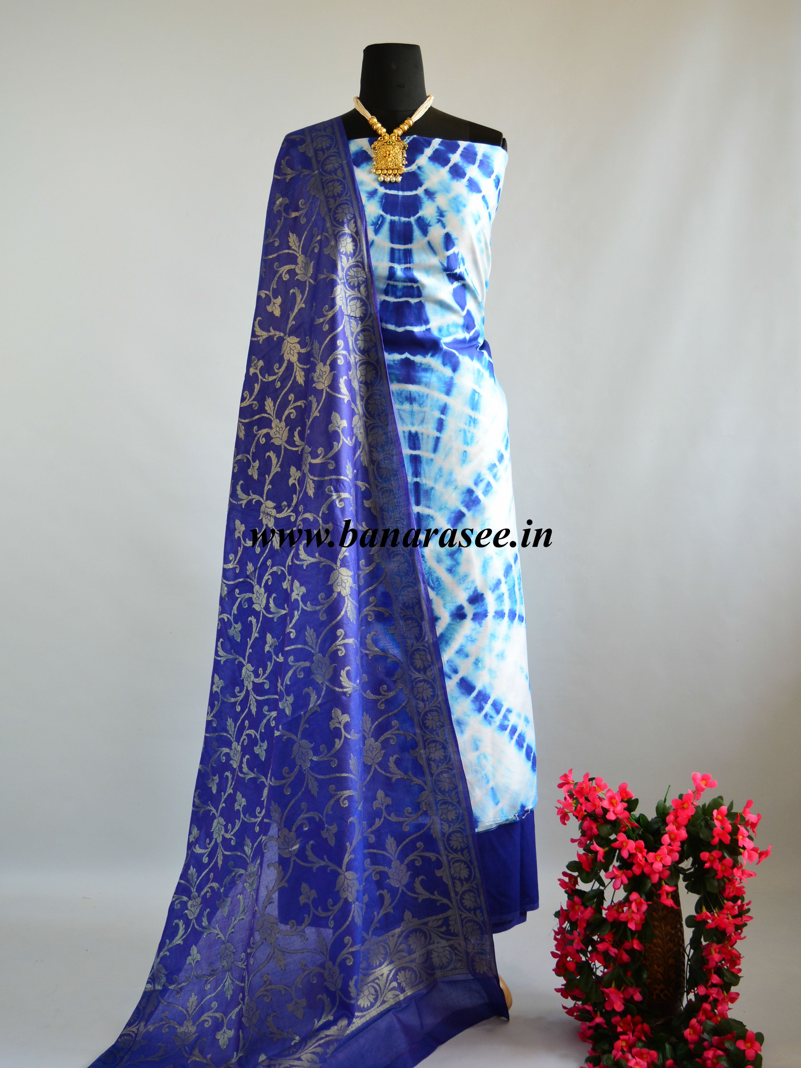 Banarasee Blue Shibori Dyed Chanderi Salwar Kameez Fabric With Cotton Silk Dupatta-White