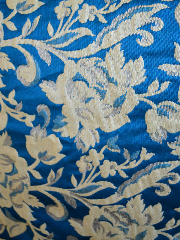 Banarasee Resham Brocade Piping & Pom-Pom Detail Cushion Cover-Beige & Blue
