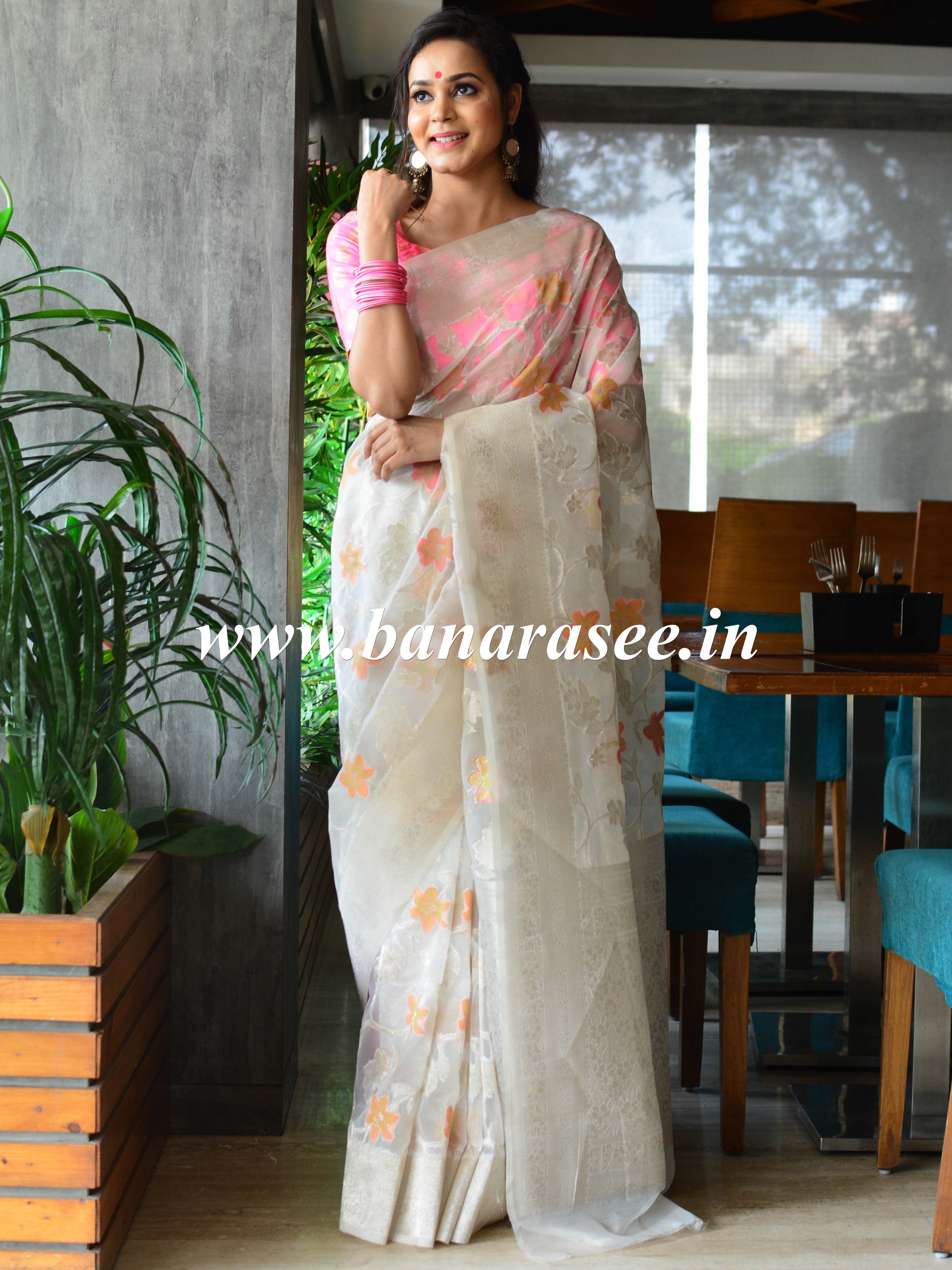 Banarasee Organza Mix Saree With Meenakari Work -White