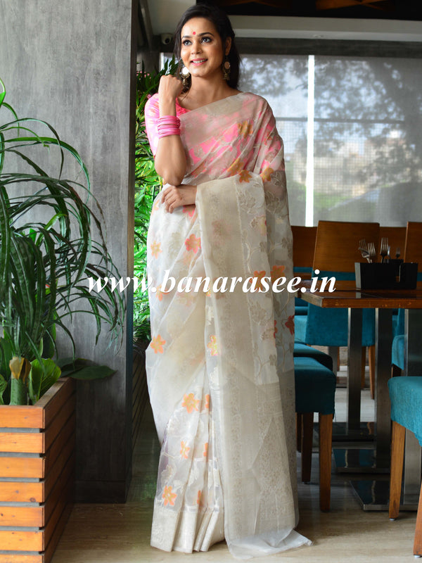 Banarasee Organza Mix Saree With Meenakari Work -White