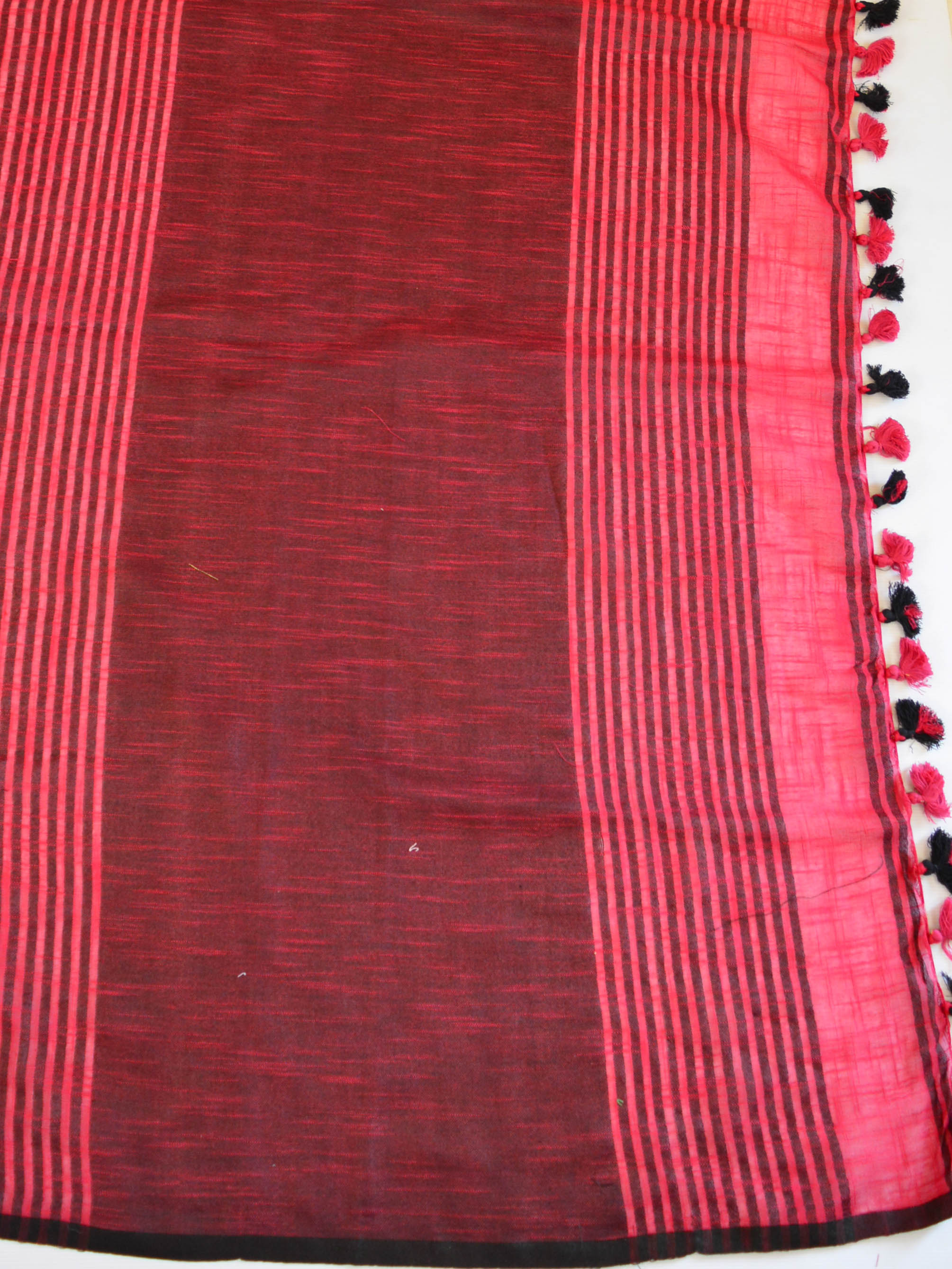 Banarasee Handloom Khadi Black Border Saree With Black Blouse-Cherry Red
