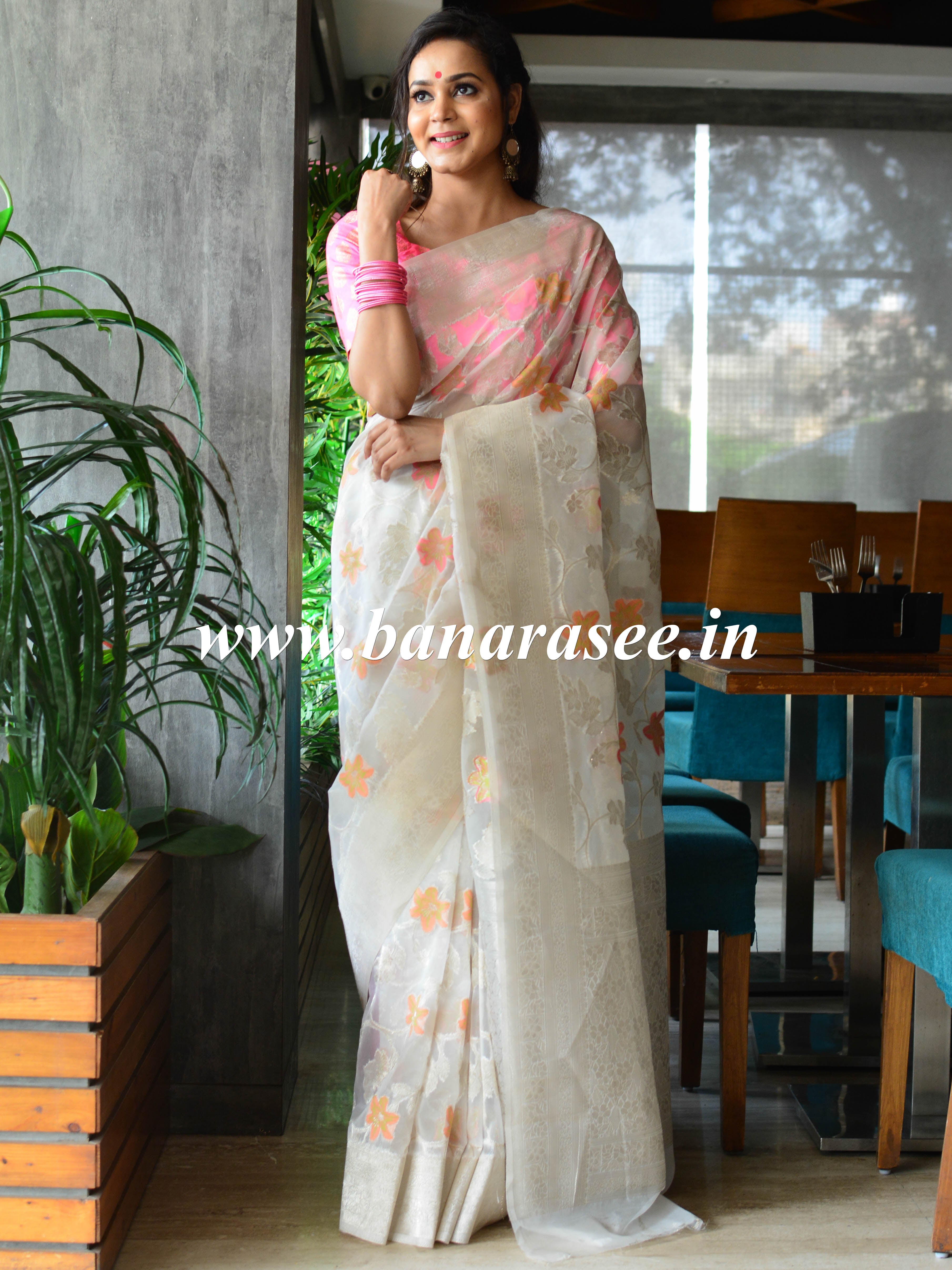 Banarasee Organza Mix Saree With Meenakari Work -White