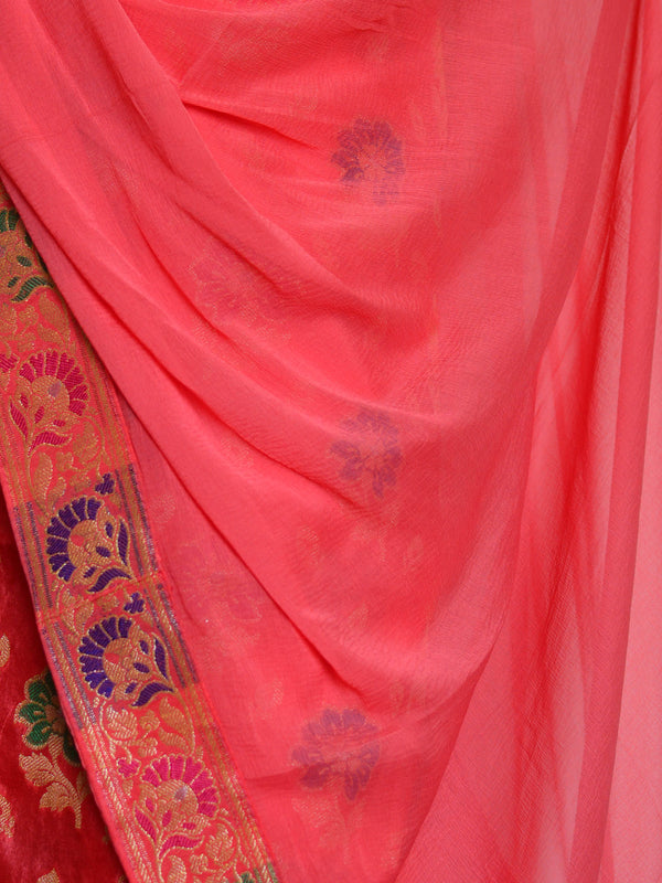 Banarasee Salwar Kameez Semi Katan Silk Zari Buti Fabric With Chiffon Dupatta-Peach