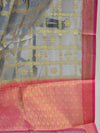 Banarasee Chanderi Cotton Saree With Pink Satin Border & Contrast Blouse-Grey