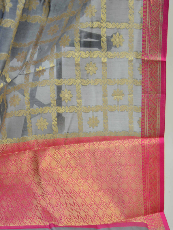 Banarasee Chanderi Cotton Saree With Pink Satin Border & Contrast Blouse-Grey
