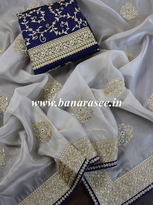 Banarasee Handwoven Embroidered Tissue Saree With Contrast Embroidered Blouse-Silver