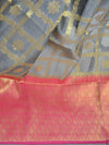 Banarasee Chanderi Cotton Saree With Pink Satin Border & Contrast Blouse-Grey