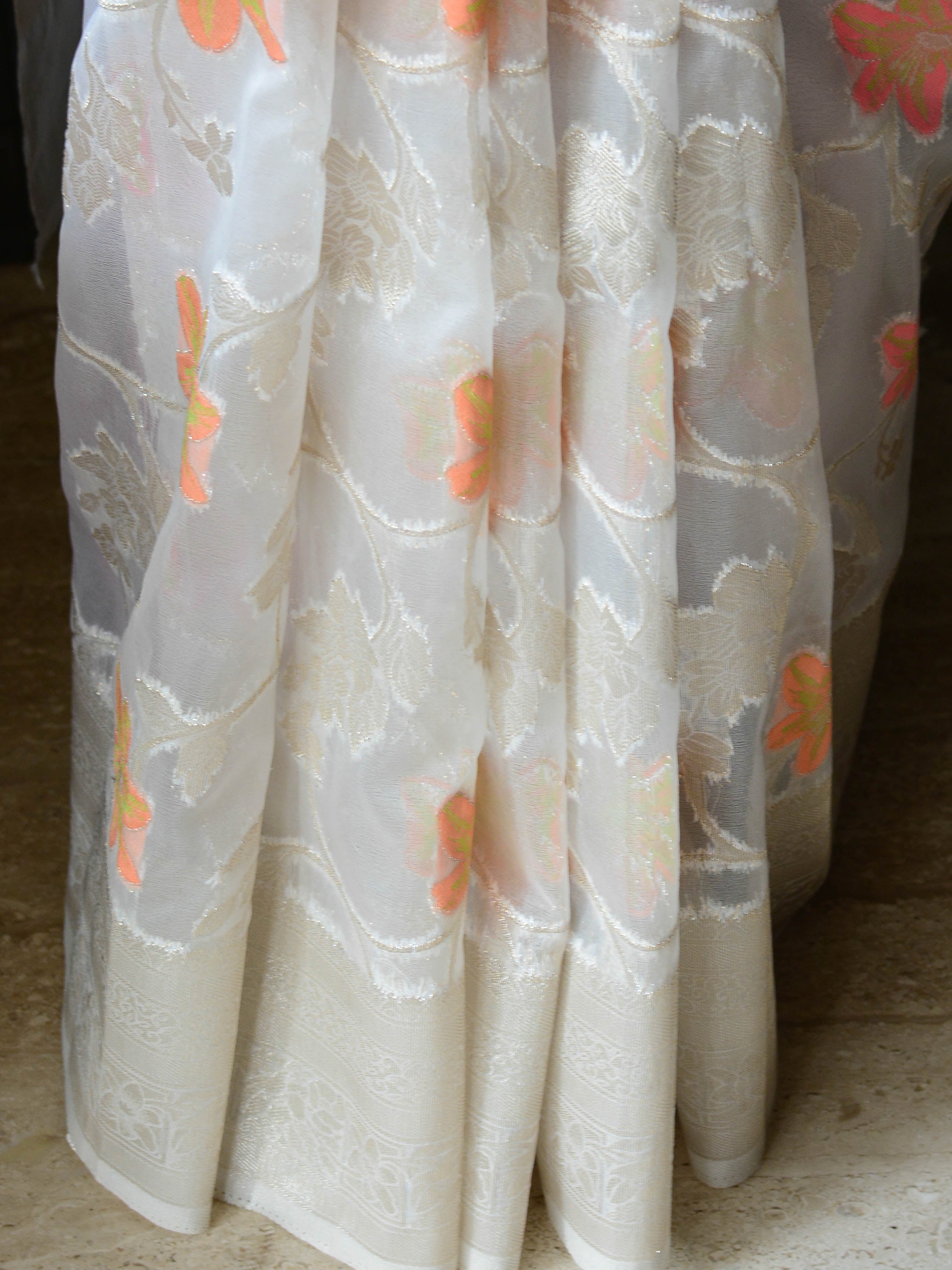 Banarasee Organza Mix Saree With Meenakari Work -White