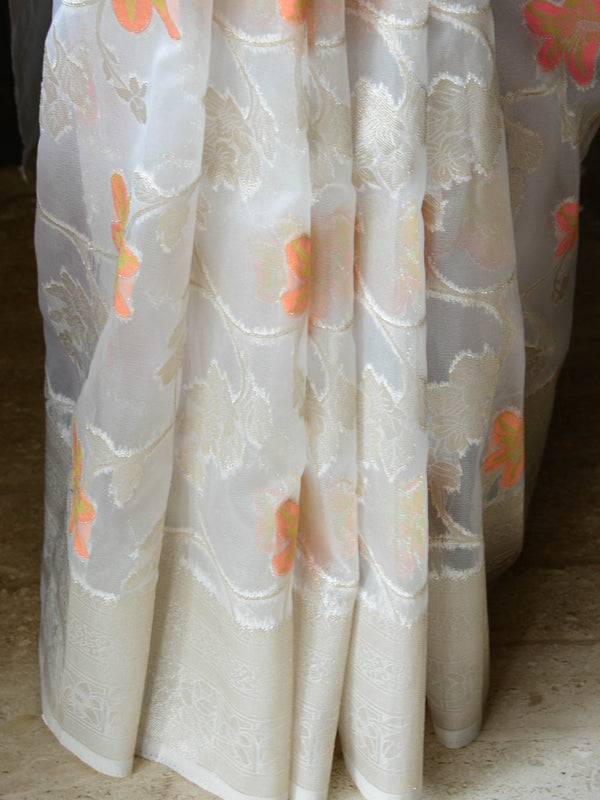Banarasee Organza Mix Saree With Meenakari Work -White