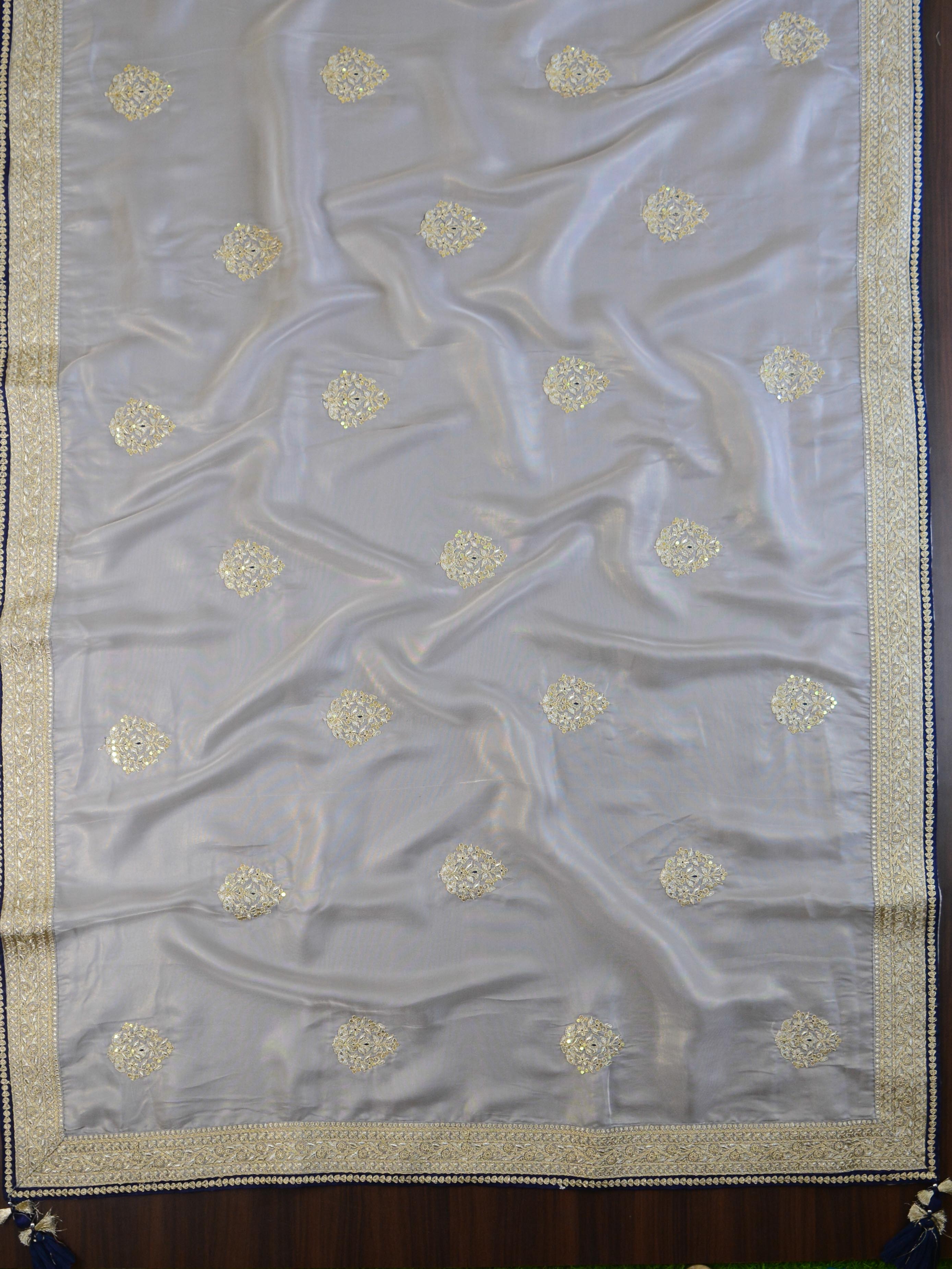 Banarasee Handwoven Embroidered Tissue Saree With Contrast Embroidered Blouse-Silver
