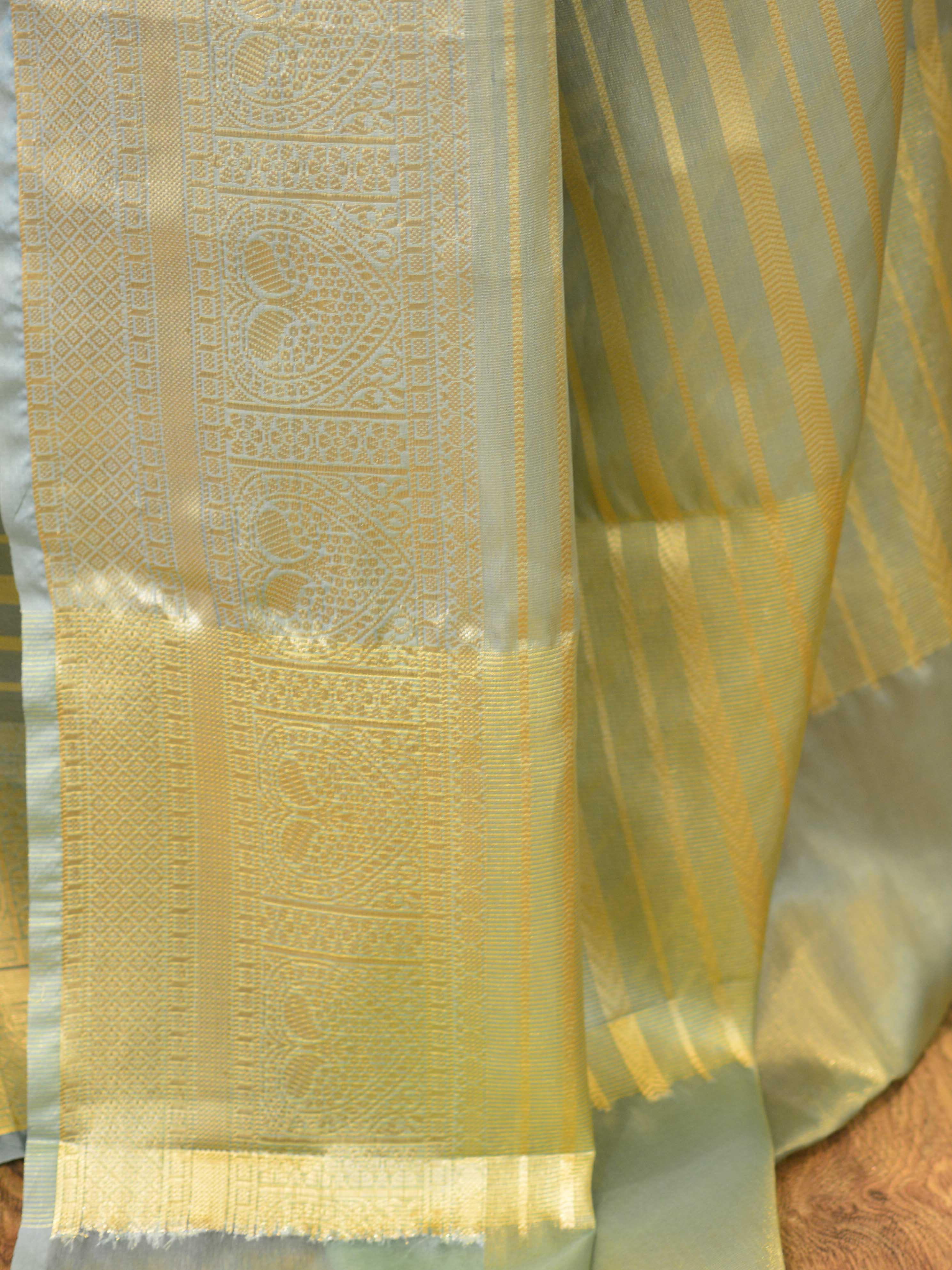 Banarasee Organza Mix Saree With Stripes Design & Broad Border-Pastel Green