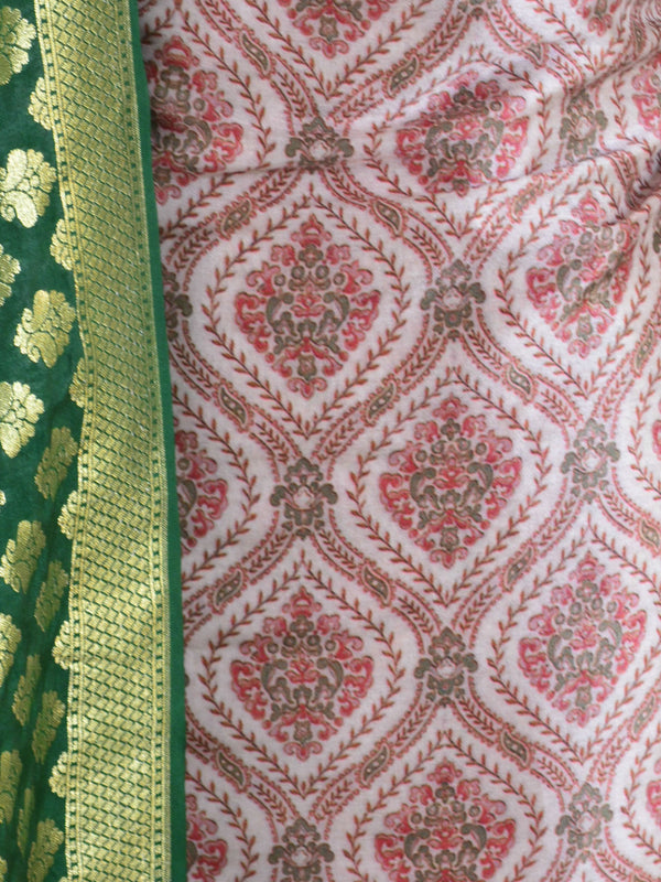 Banarasee Digital Print Semi Silk Salwar Kameez Set With Green Zari Dupatta-Off White