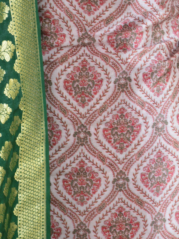 Banarasee Digital Print Semi Silk Salwar Kameez Set With Green Zari Dupatta-Off White