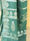 Banarasee Handwoven Semi-Chiffon Saree With Silver Zari Design & Contrast Blouse-Green