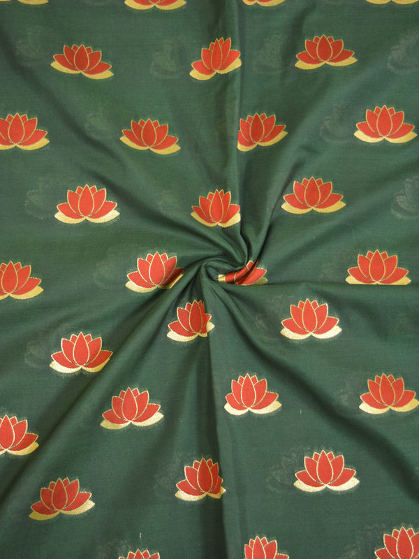Banarasee Semi Katan Silk Lotus Buti Design Fabric-Deep Green