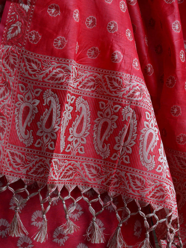 Banarasee Salwar Kameez Cotton Silk Resham Buti Woven Fabric-Red
