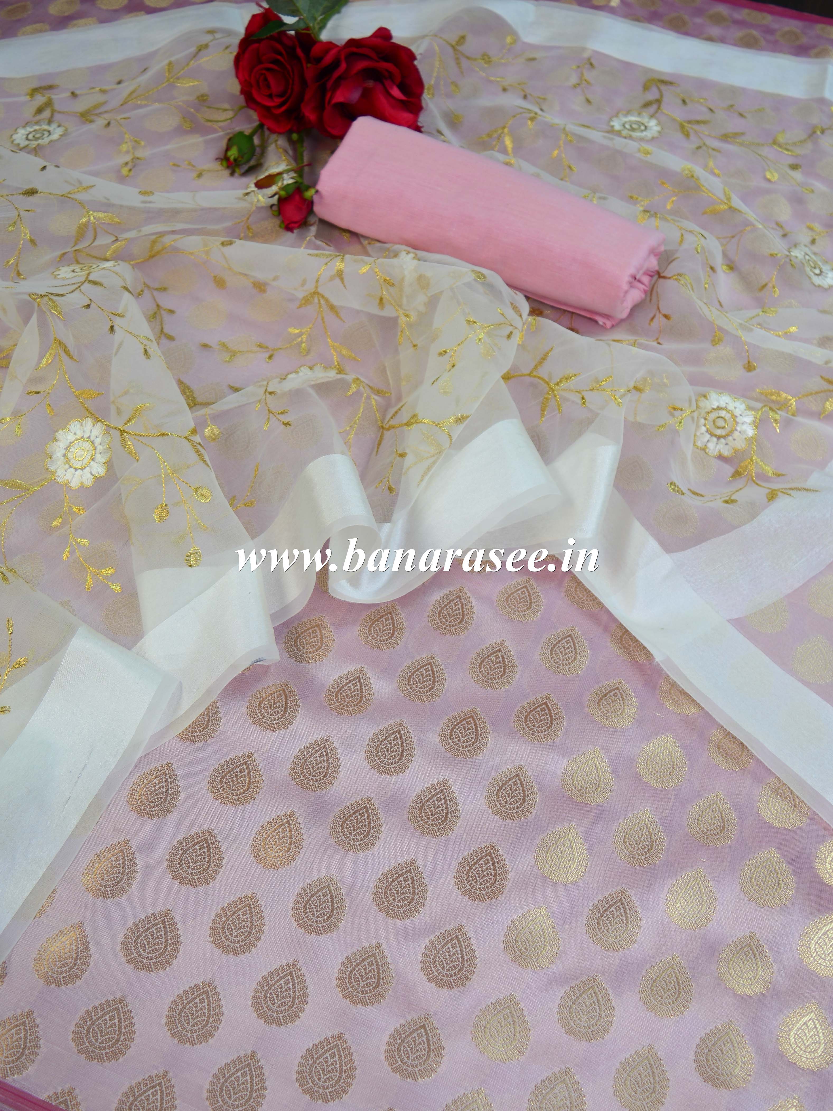 Banarasee Brocade Salwar Kameez Fabric With Organza Dupatta-Baby Pink & White