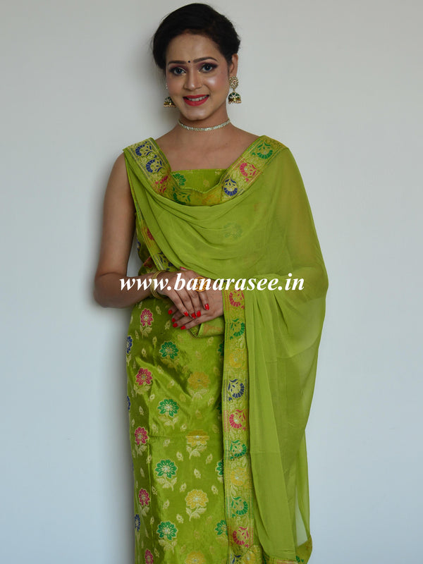 Banarasee Salwar Kameez Semi Katan Silk Zari Buti Fabric With Chiffon Dupatta-Green