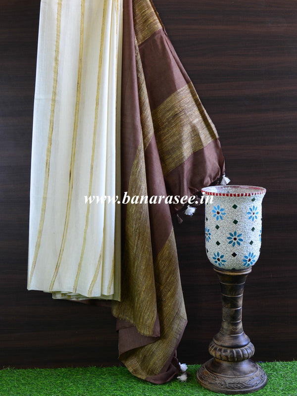 Bhagalpur Cotton Silk  Ghichha Work Saree-White