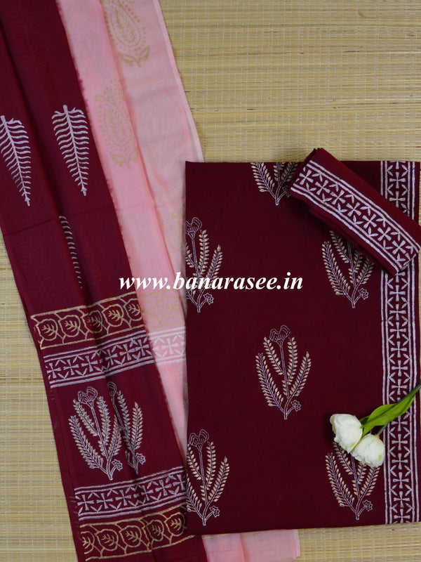 Handloom Mul Cotton Handblock Printed Suit Set-Maroon & Pink