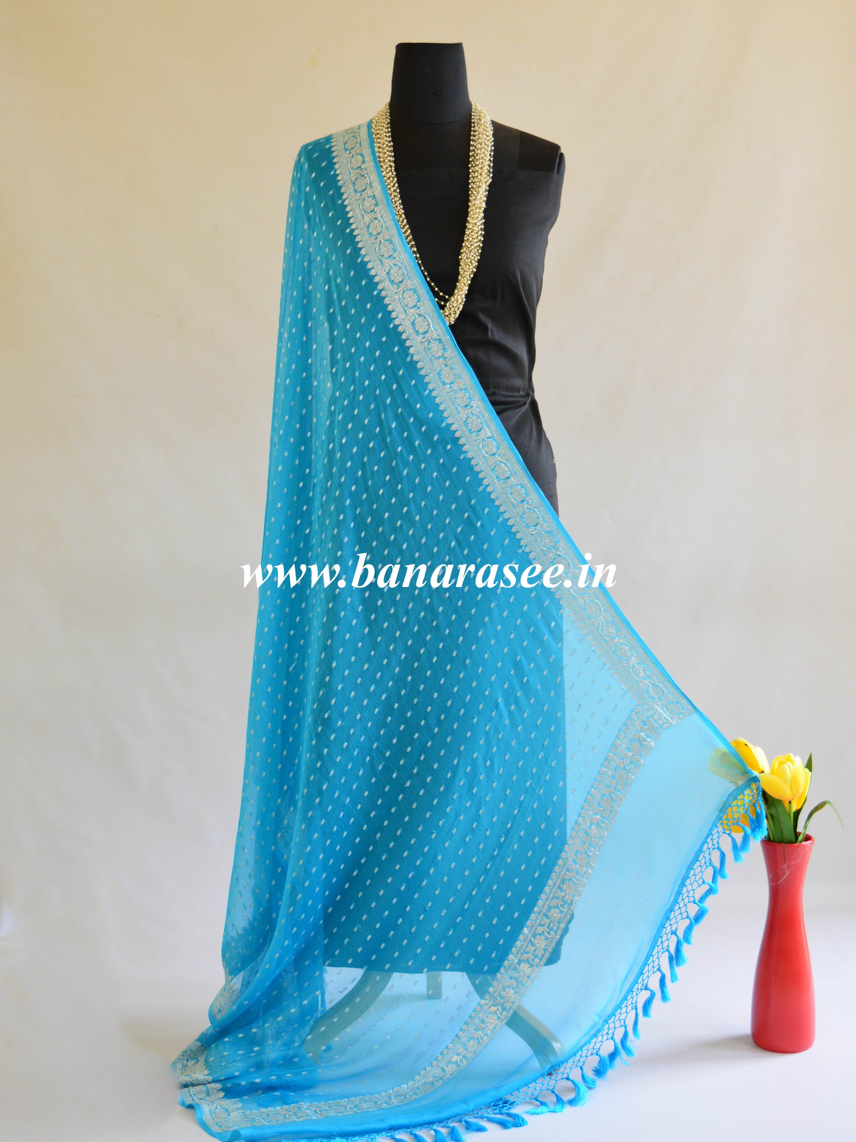 Banarasee Handwoven Pure Chiffon Dupatta Buti Design In Silver Zari-Turquoise Blue