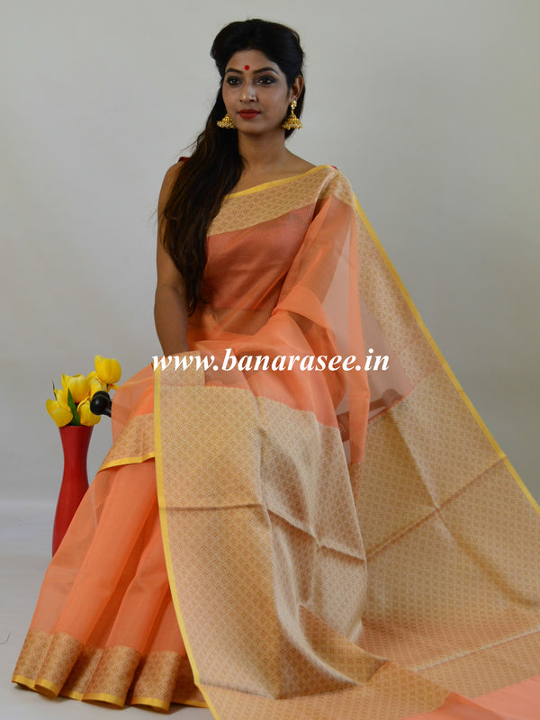 Banarasee Cotton Silk Saree With Resham Border-Orange