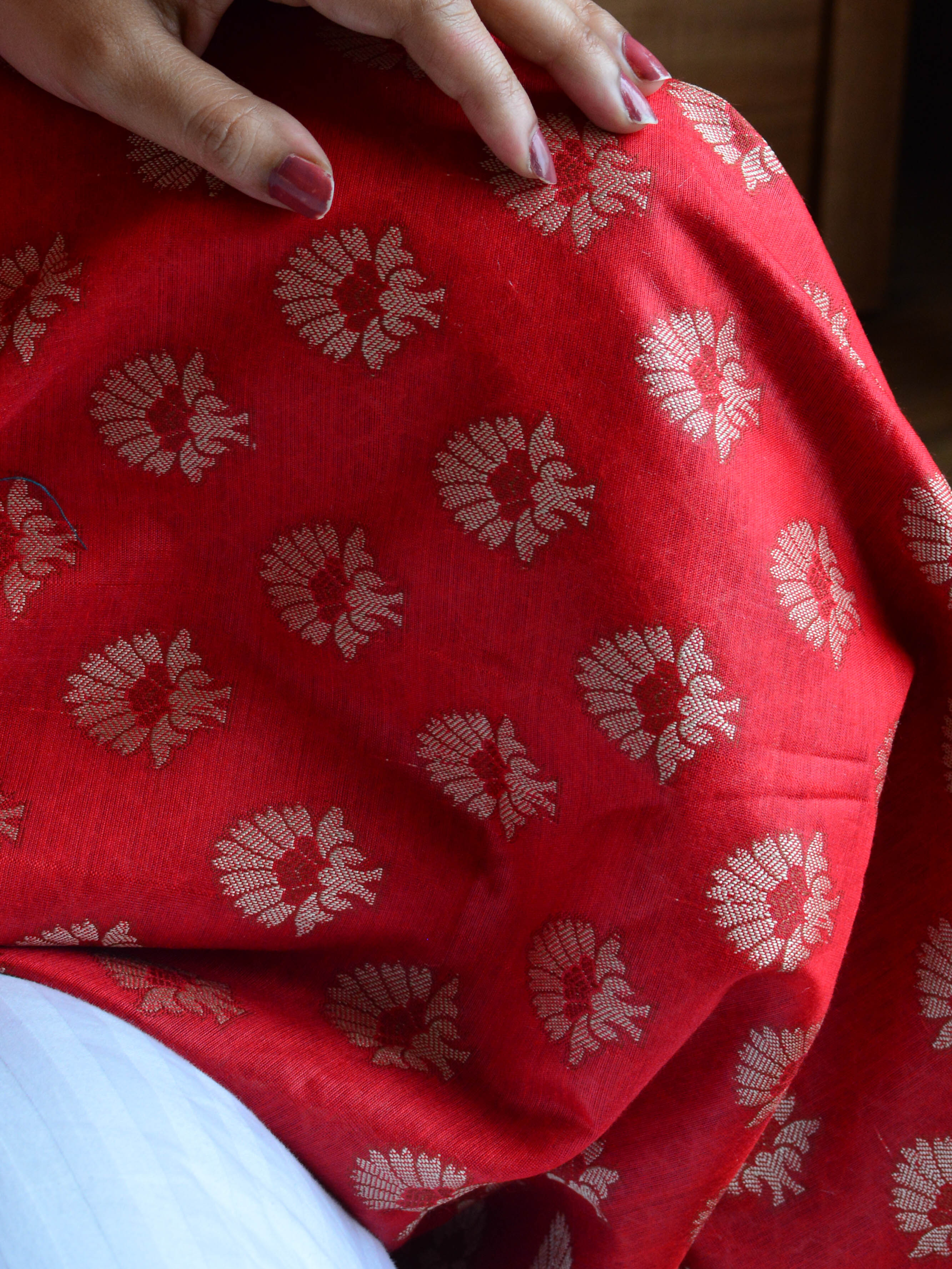 Banarasee Salwar Kameez Cotton Silk Resham Buti Woven Fabric-Red