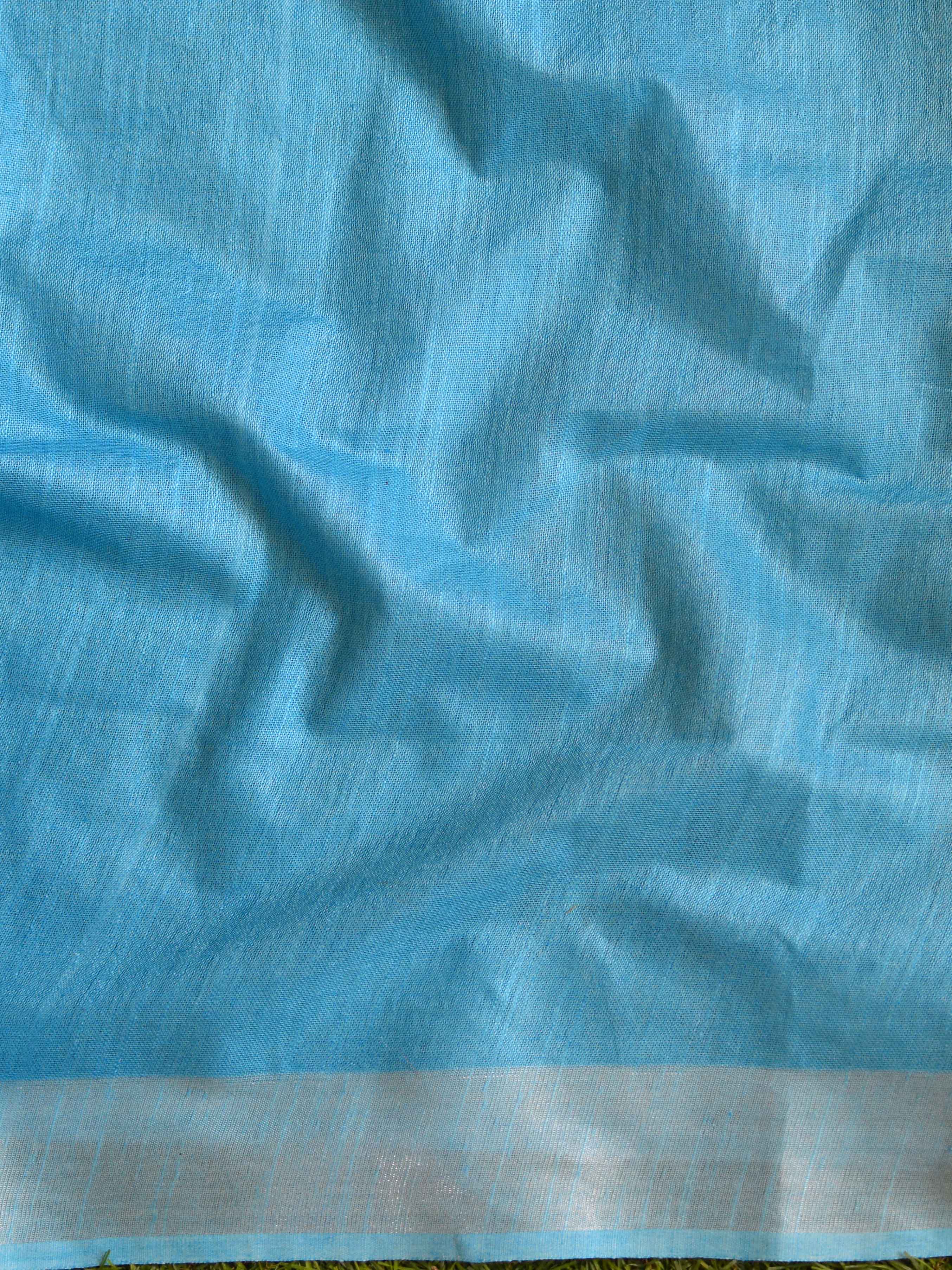 Bhagalpur Handloom Pure Linen Cotton Resham Embroidered Saree-Blue