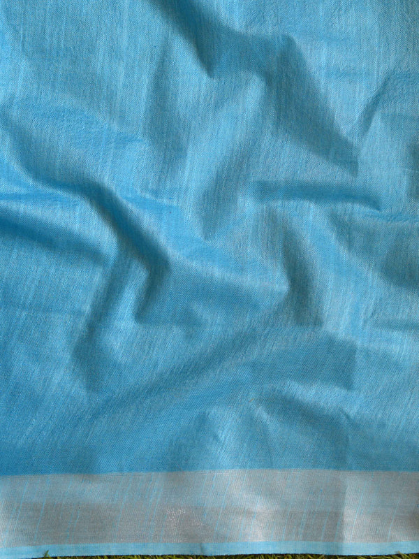 Bhagalpur Handloom Pure Linen Cotton Resham Embroidered Saree-Blue
