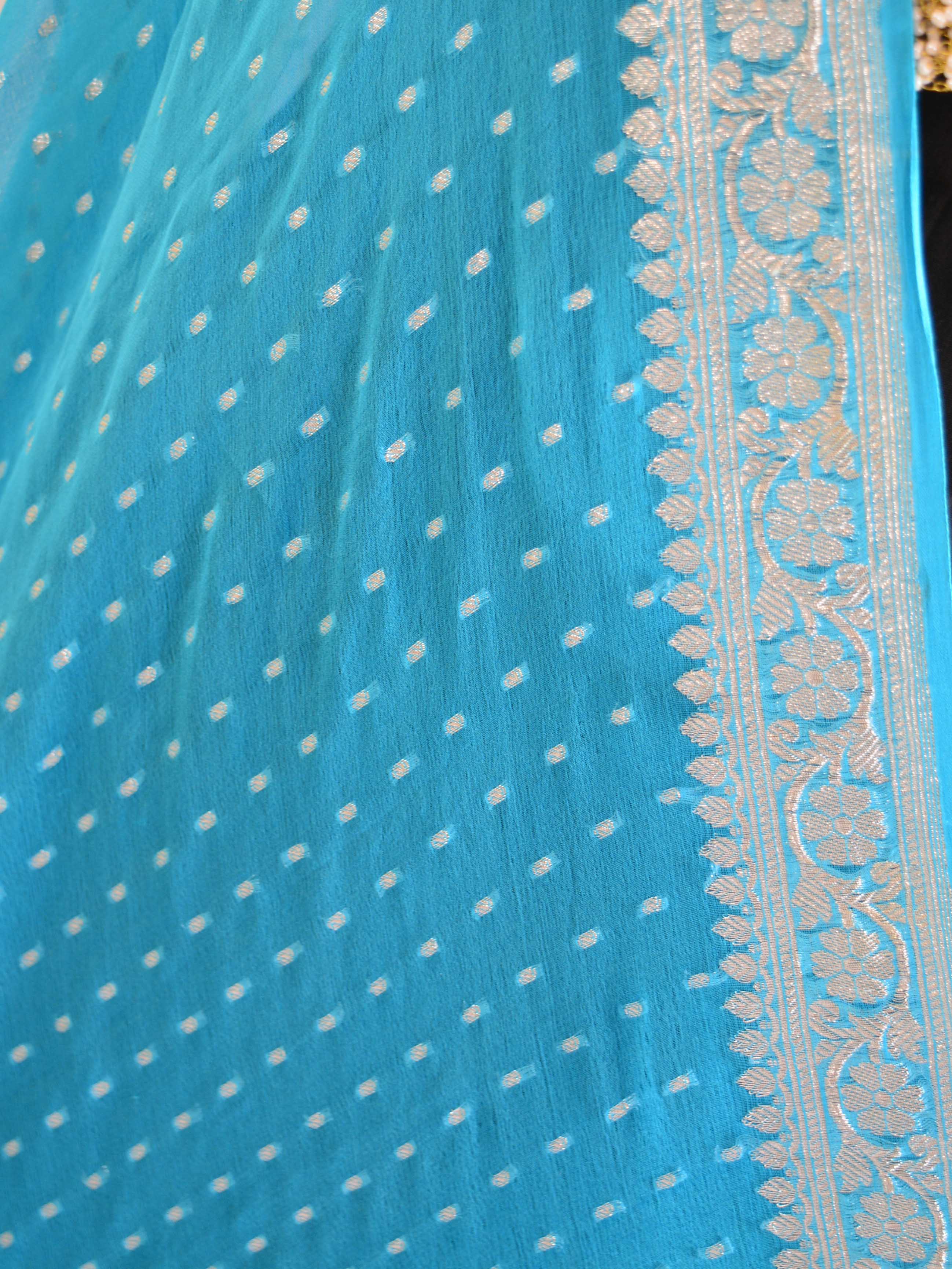 Banarasee Handwoven Pure Chiffon Dupatta Buti Design In Silver Zari-Turquoise Blue