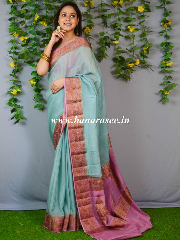 Banarasee Pure Chiffon Saree With Zari Border-Green