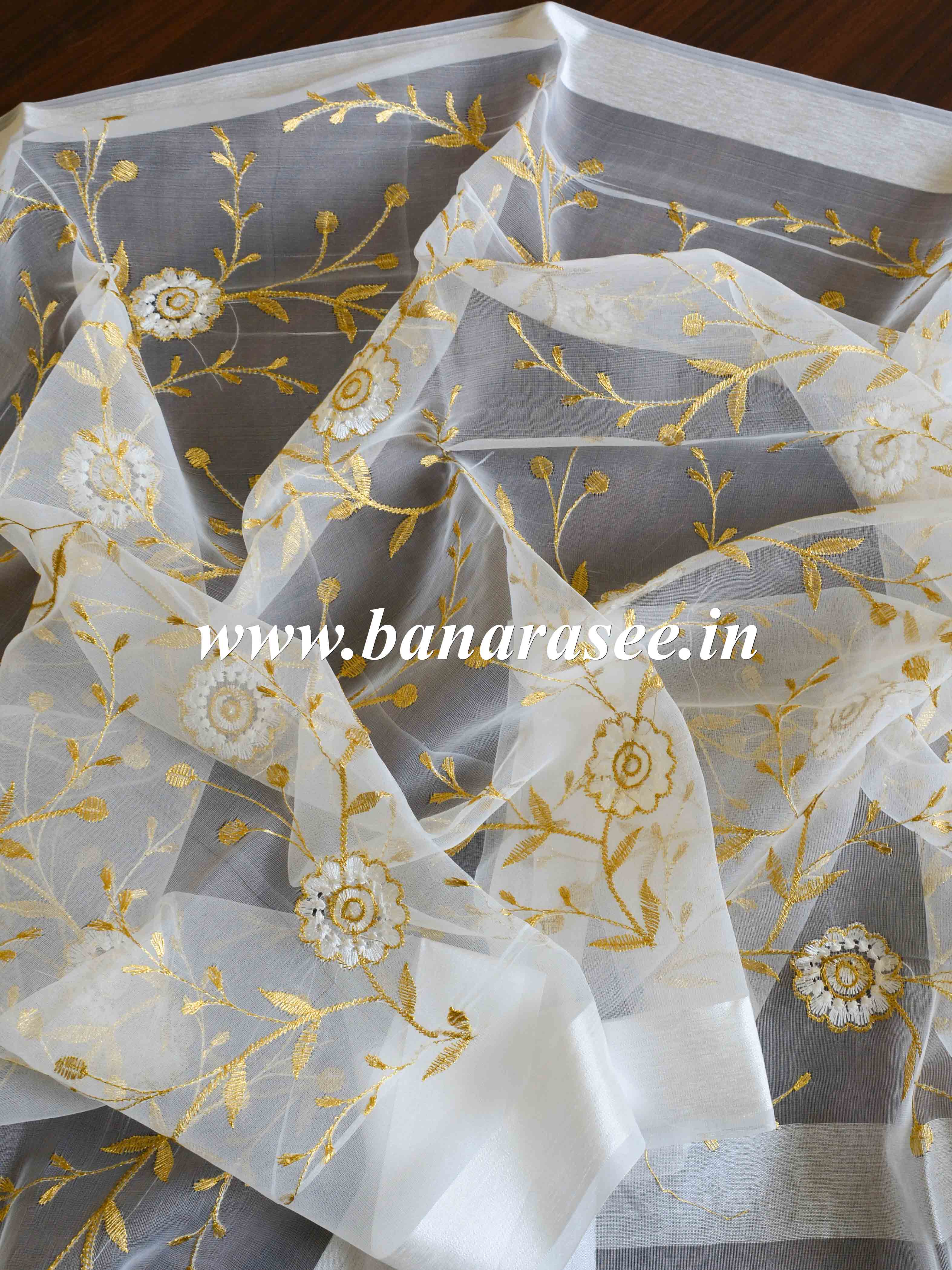 Banarasee Embroidered Gold Jaal Design Organza Dupatta-White