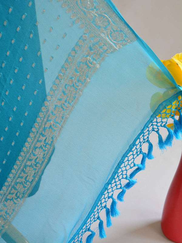 Banarasee Handwoven Pure Chiffon Dupatta Buti Design In Silver Zari-Turquoise Blue