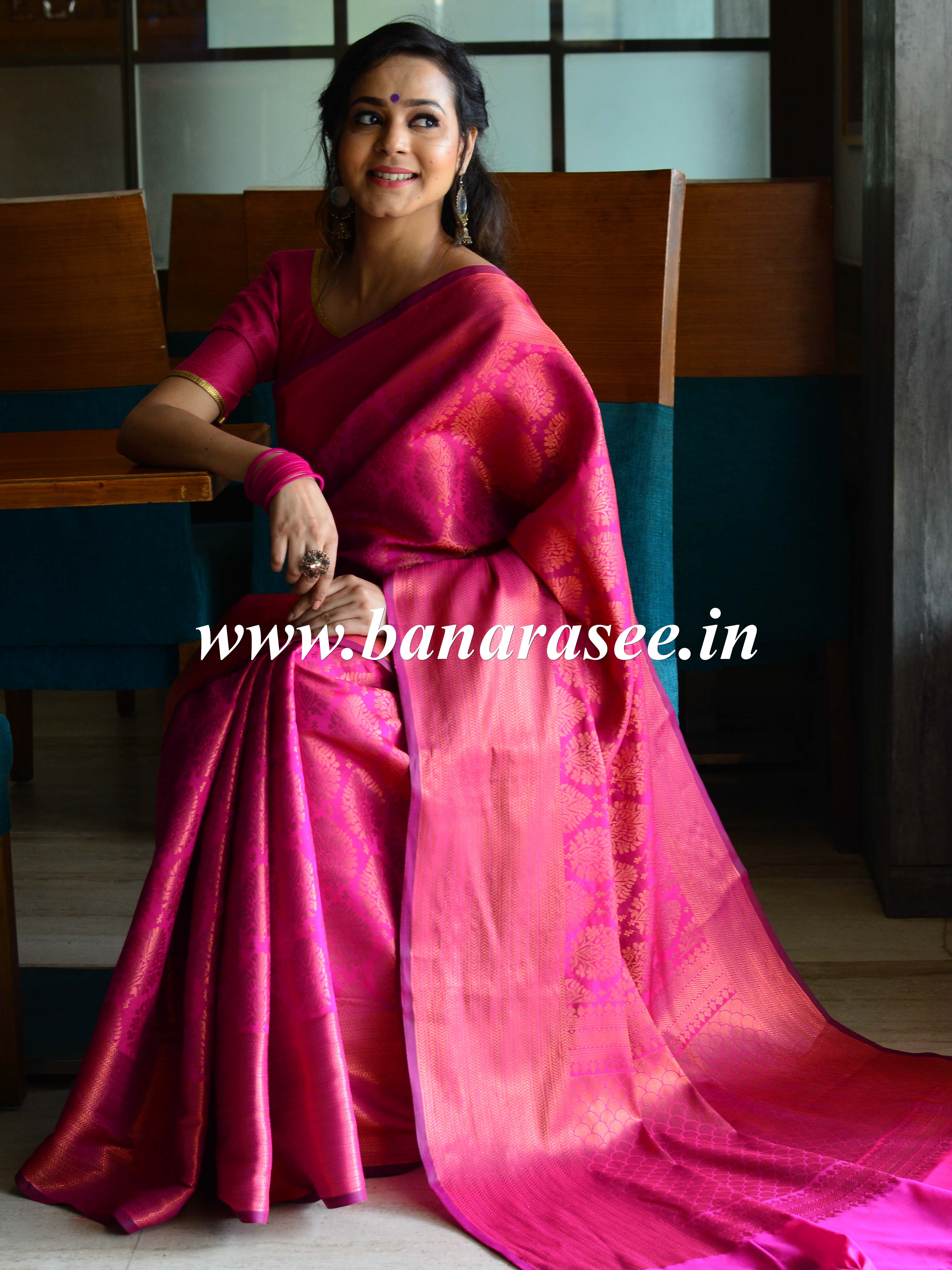 Banarasee Semi Silk Saree With Copper Zari Buta & Border Design-Magenta