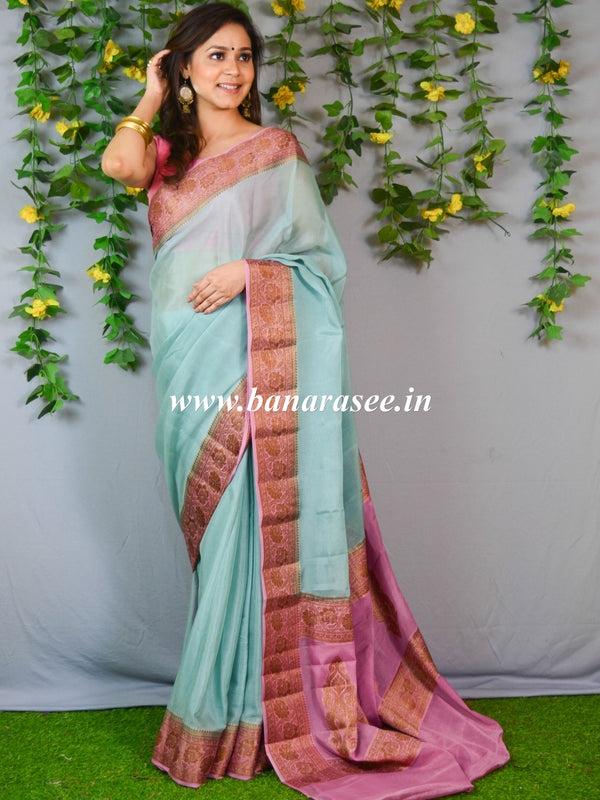 Banarasee Pure Chiffon Saree With Zari Border-Green