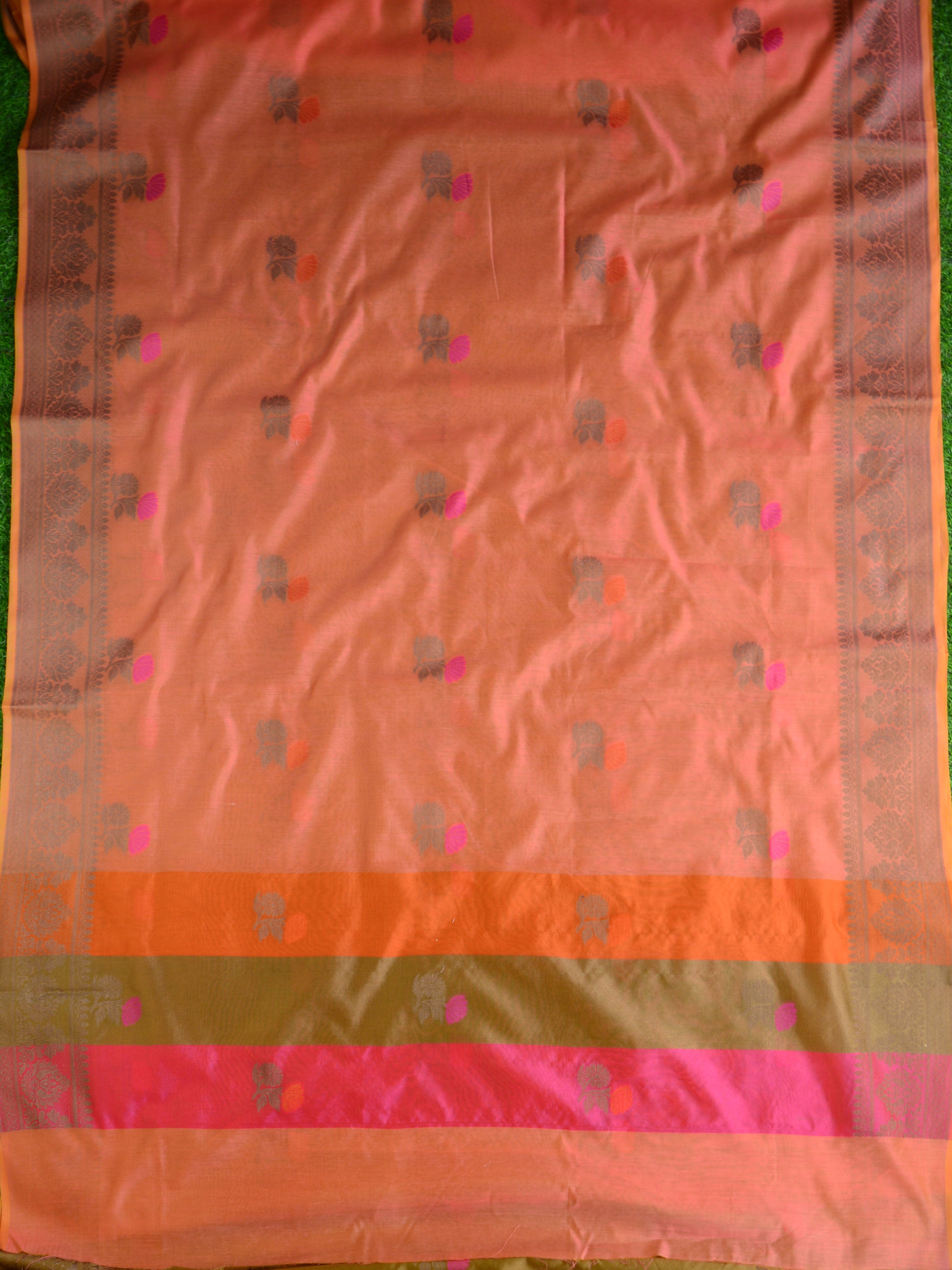 Banarasee Chanderi Cotton Saree With Resham Buti & Border-Peach