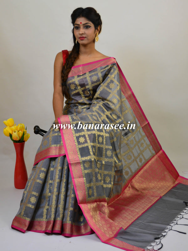 Banarasee Chanderi Cotton Saree With Pink Satin Border & Contrast Blouse-Grey