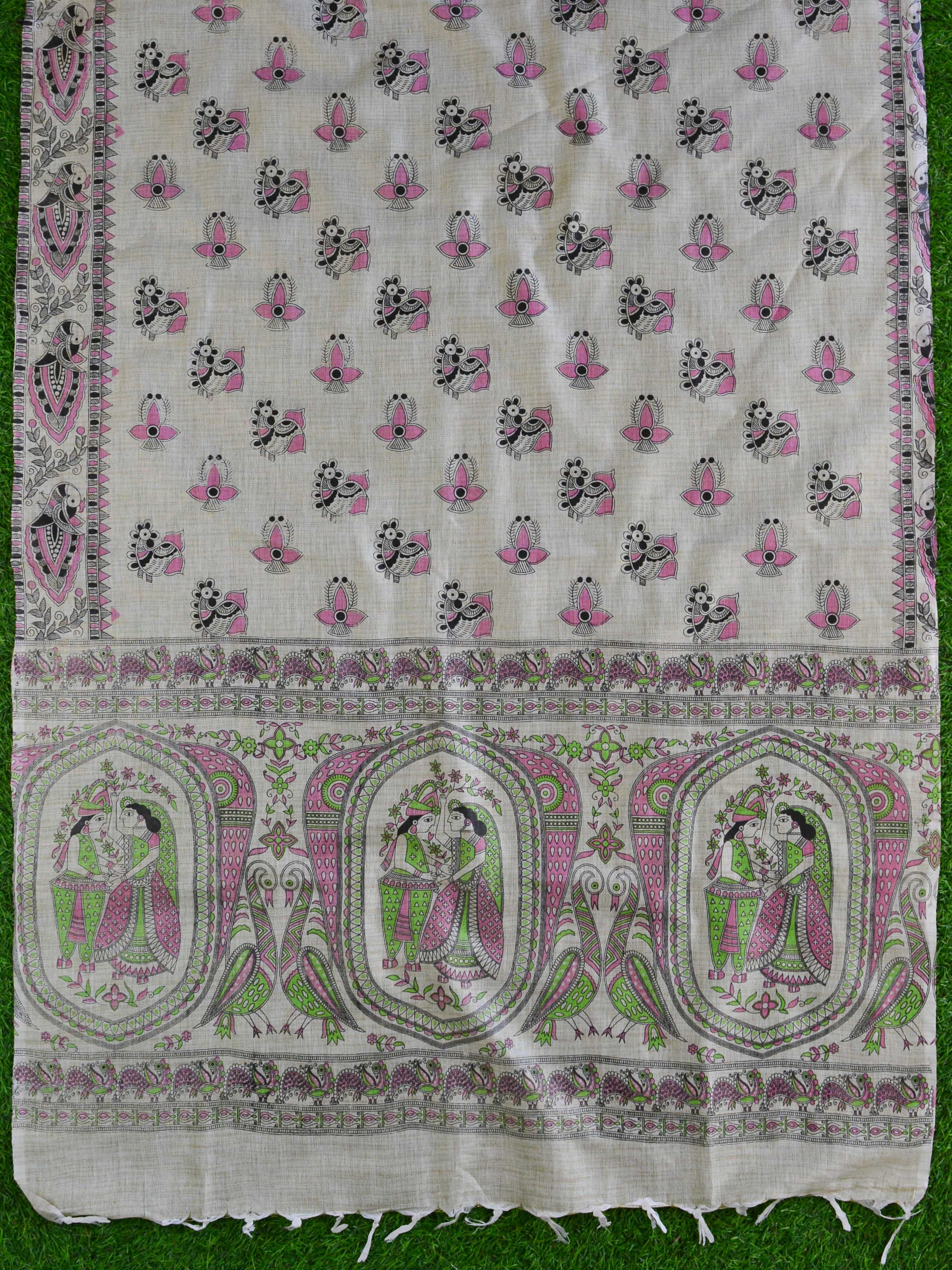 Handloom Khadi Cotton Salwar Kameez With Madhubani Print Dupatta-Beige