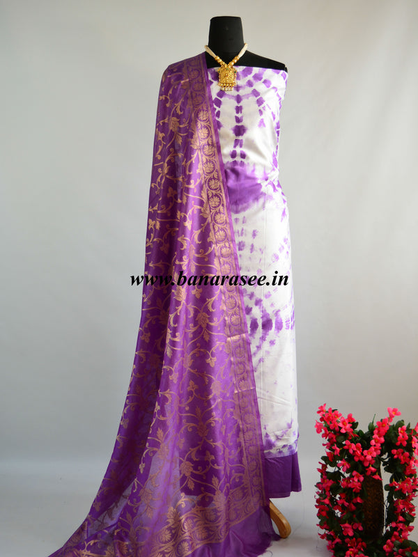 Banarasee Purple Shibori Dyed Chanderi Salwar Kameez Fabric With Cotton Silk Dupatta-White