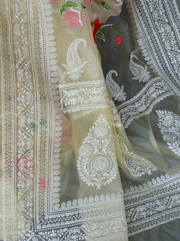 Banarasee Handwoven Organza Silk Multicolour Resham Floral Embroidery Saree-Yellow
