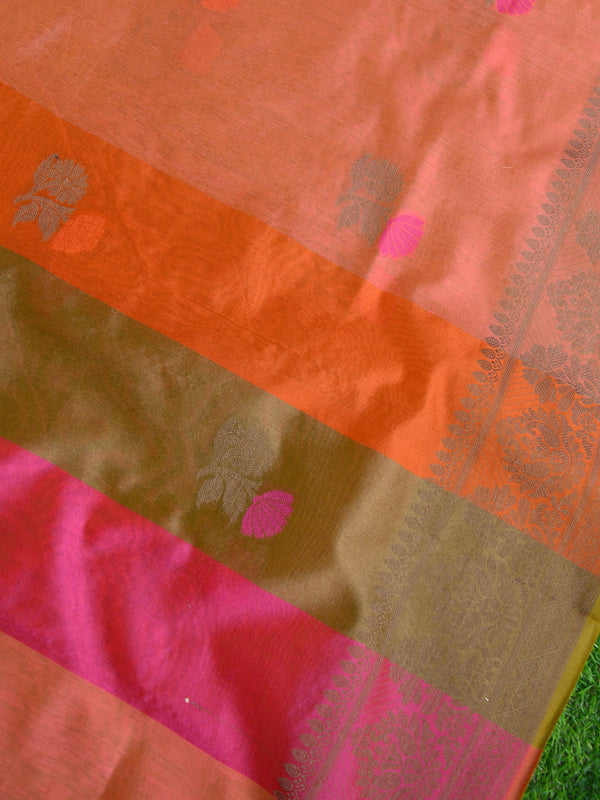 Banarasee Chanderi Cotton Saree With Resham Buti & Border-Peach