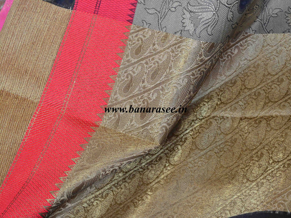 Banarasee Cotton Silk Tanchoi Weave Saree With Paisley Zari & Resham Border-Brown