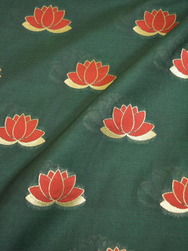 Banarasee Semi Katan Silk Lotus Buti Design Fabric-Deep Green