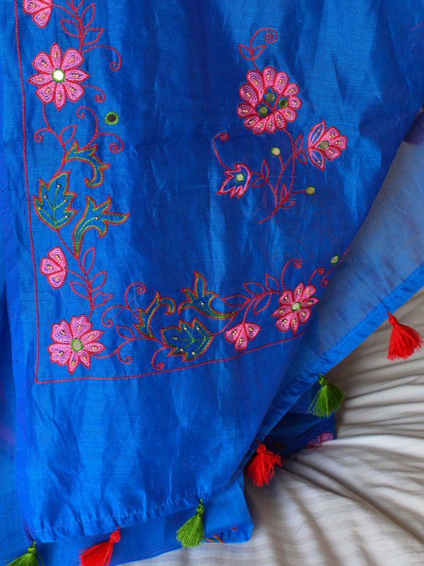 Banarasee Chanderi Cotton Hand-Embroidered Saree-Royal Blue