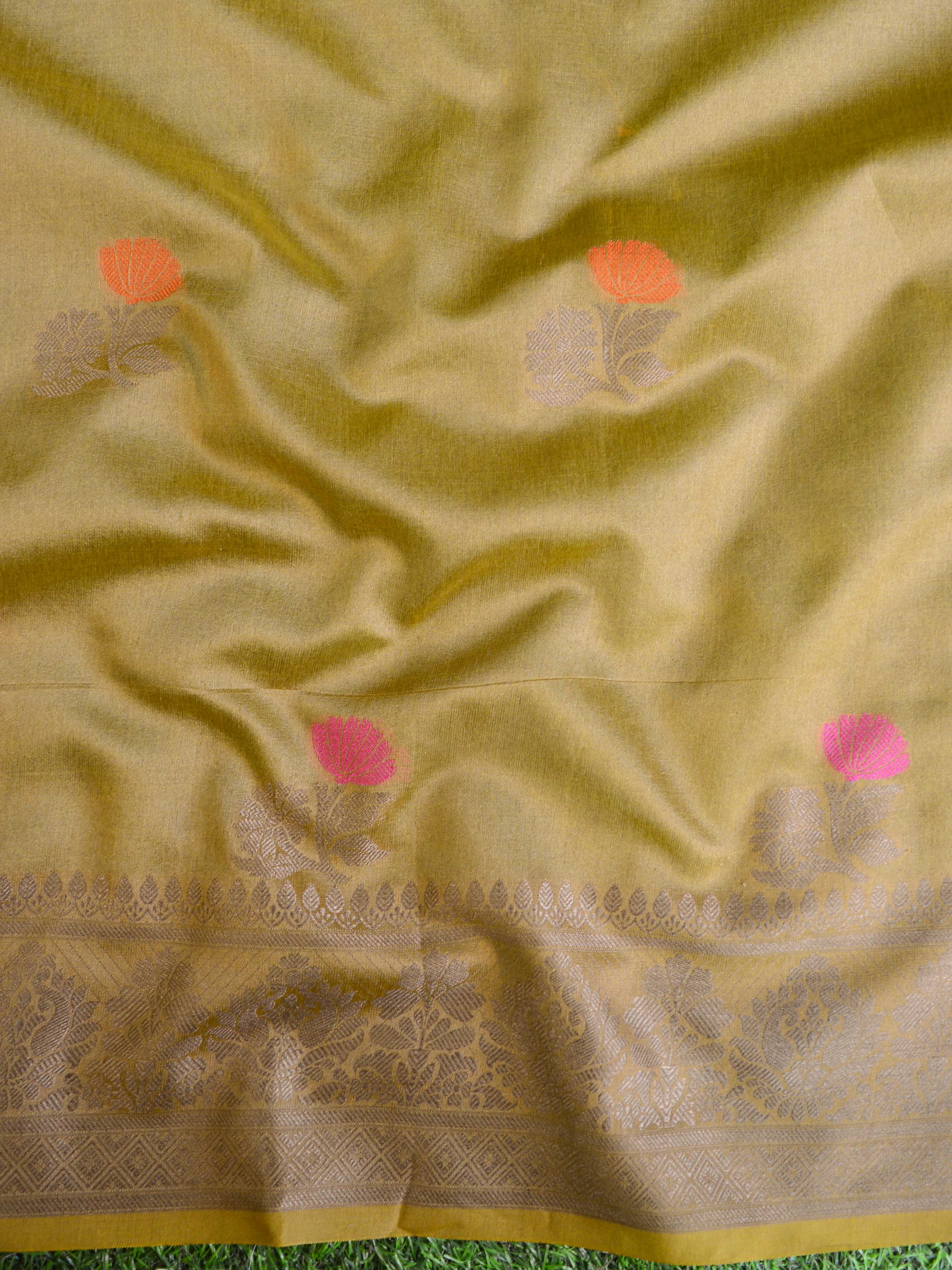 Banarasee Chanderi Cotton Saree With Resham Buti & Border-Peach