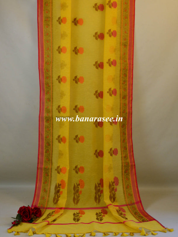 Banarasee Handloom Pure Linen Cotton Resham Buta Saree-Yellow
