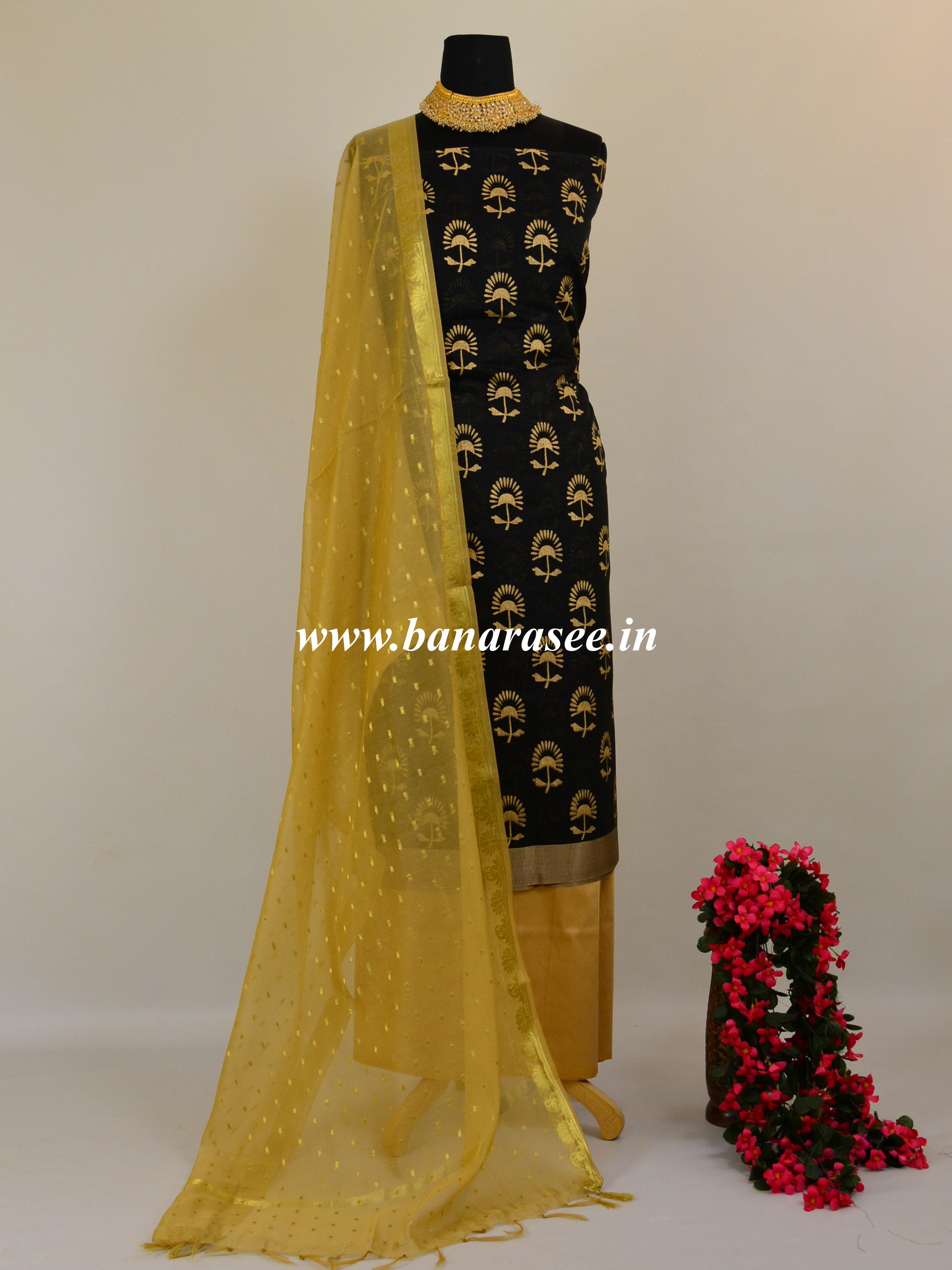 Banarasee Hand-Block Printed Chanderi Salwar Kameez Fabric With Golden Dupatta-Black