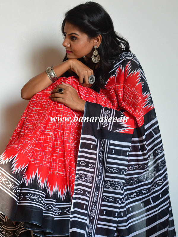 Handloom Mul Cotton Ajrakh Print Saree-Red & Black