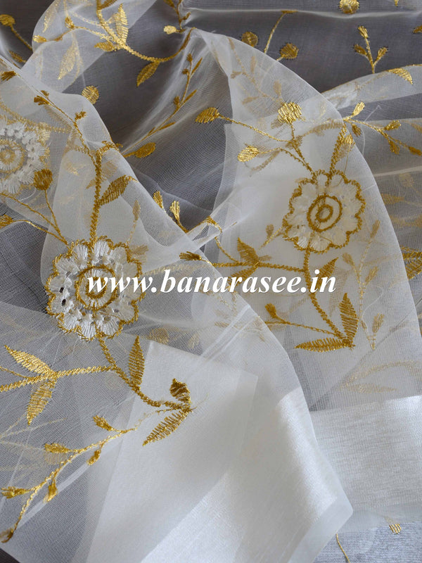 Banarasee Embroidered Gold Jaal Design Organza Dupatta-White